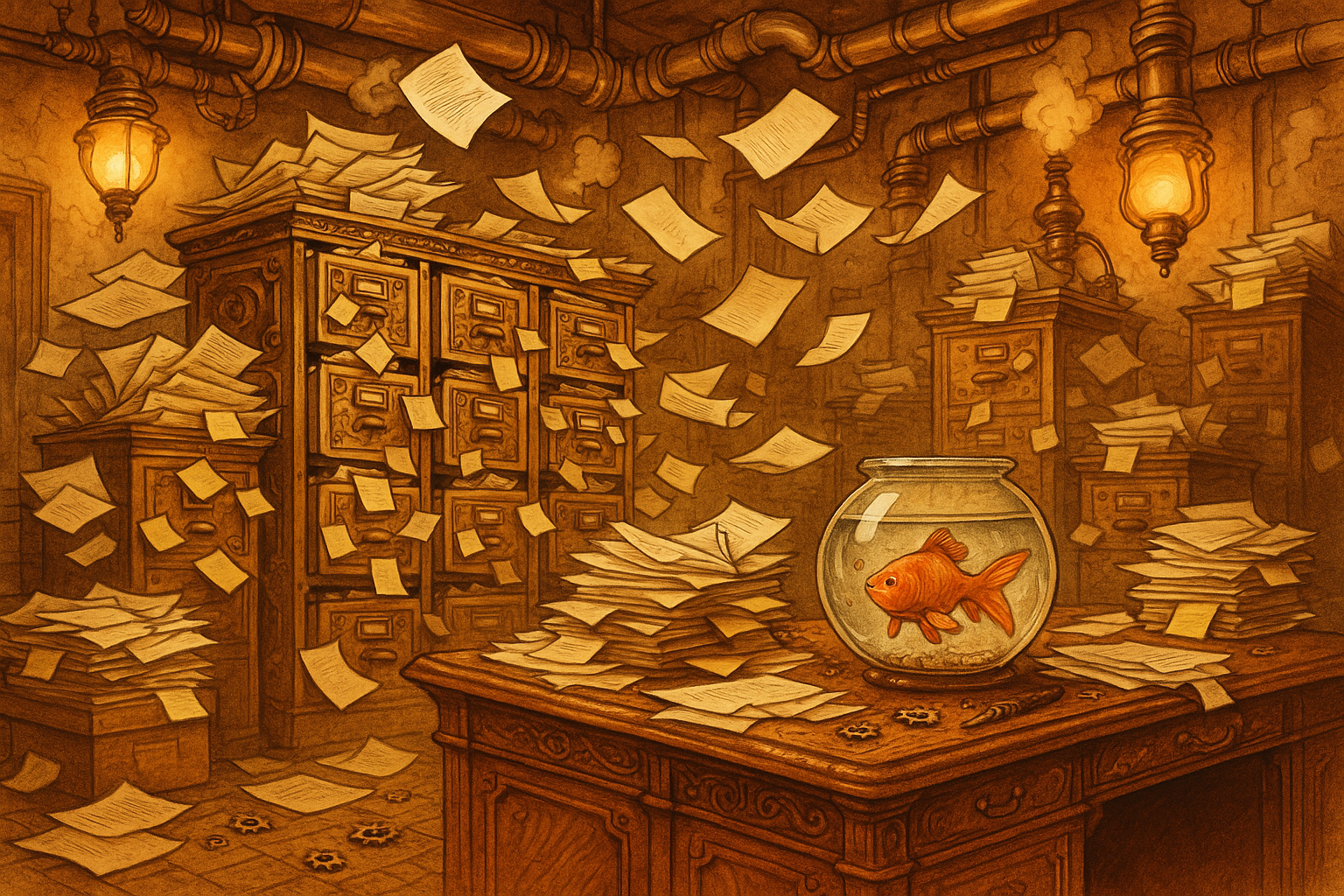 A chaotic steampunk filing room with papers flying everywhere, brass cabinets overflowing, and a goldfish bowl sitting calmly on the desk amid the chaos.