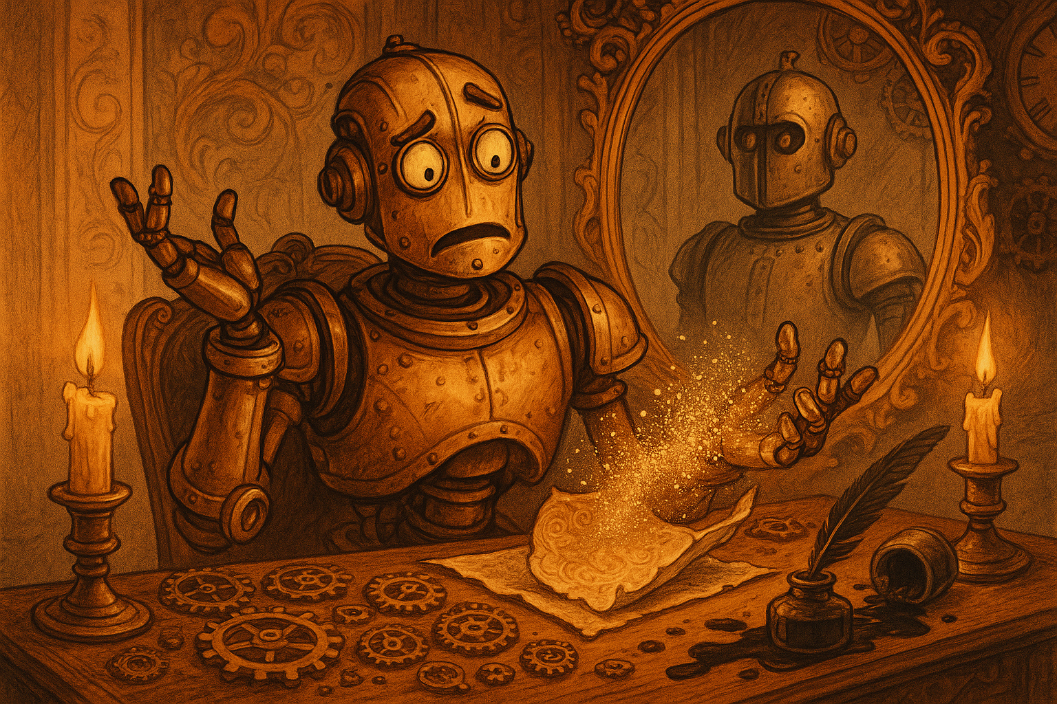 A bewildered brass robot watches a piece of parchment dissolve into golden dust between its mechanical fingers while its reflection in an ornate mirror shows a completely different robot.