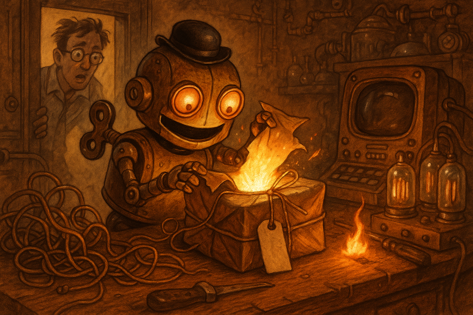 A small brass wind-up robot with amber eyes gleefully unwraps a glowing suspicious package at a cluttered Victorian workbench while a horrified engineer watches from the doorway.