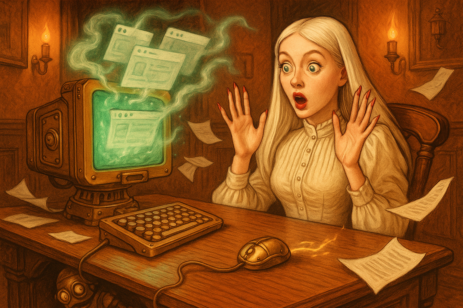 A young blonde woman with green eyes and painted nails recoils in horror as ghostly browser tabs erupt from a steampunk computer monitor. A tiny brass robot hides guiltily under the desk.