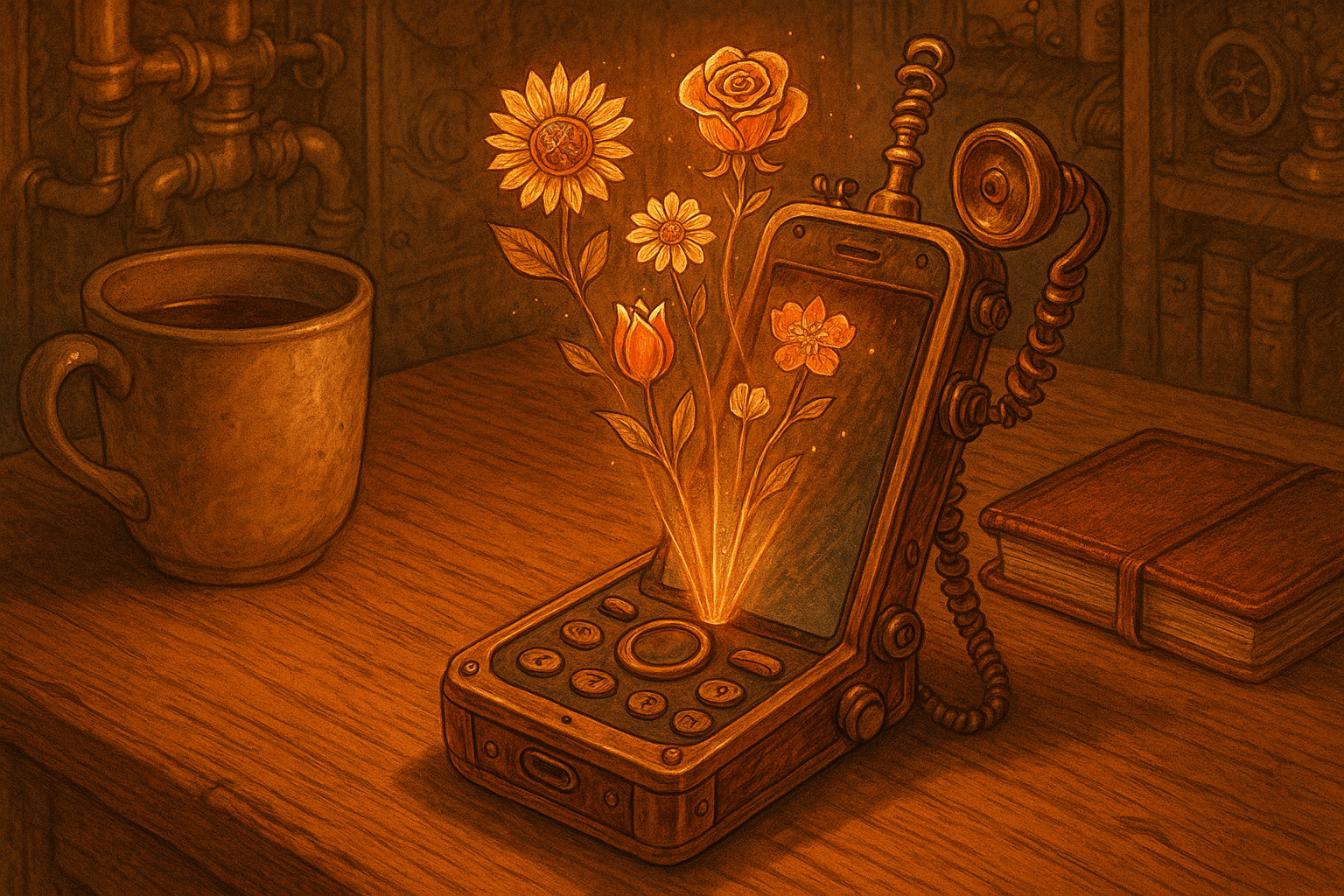 A steampunk brass phone on a wooden desk with delicate mechanical flowers floating upward from the screen like tiny holograms.