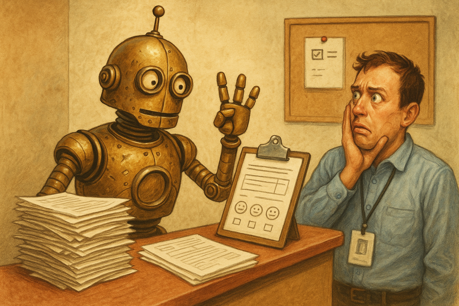 A brass robot sitting at a reception desk surrounded by floating question marks, looking eager to help but afraid to act
