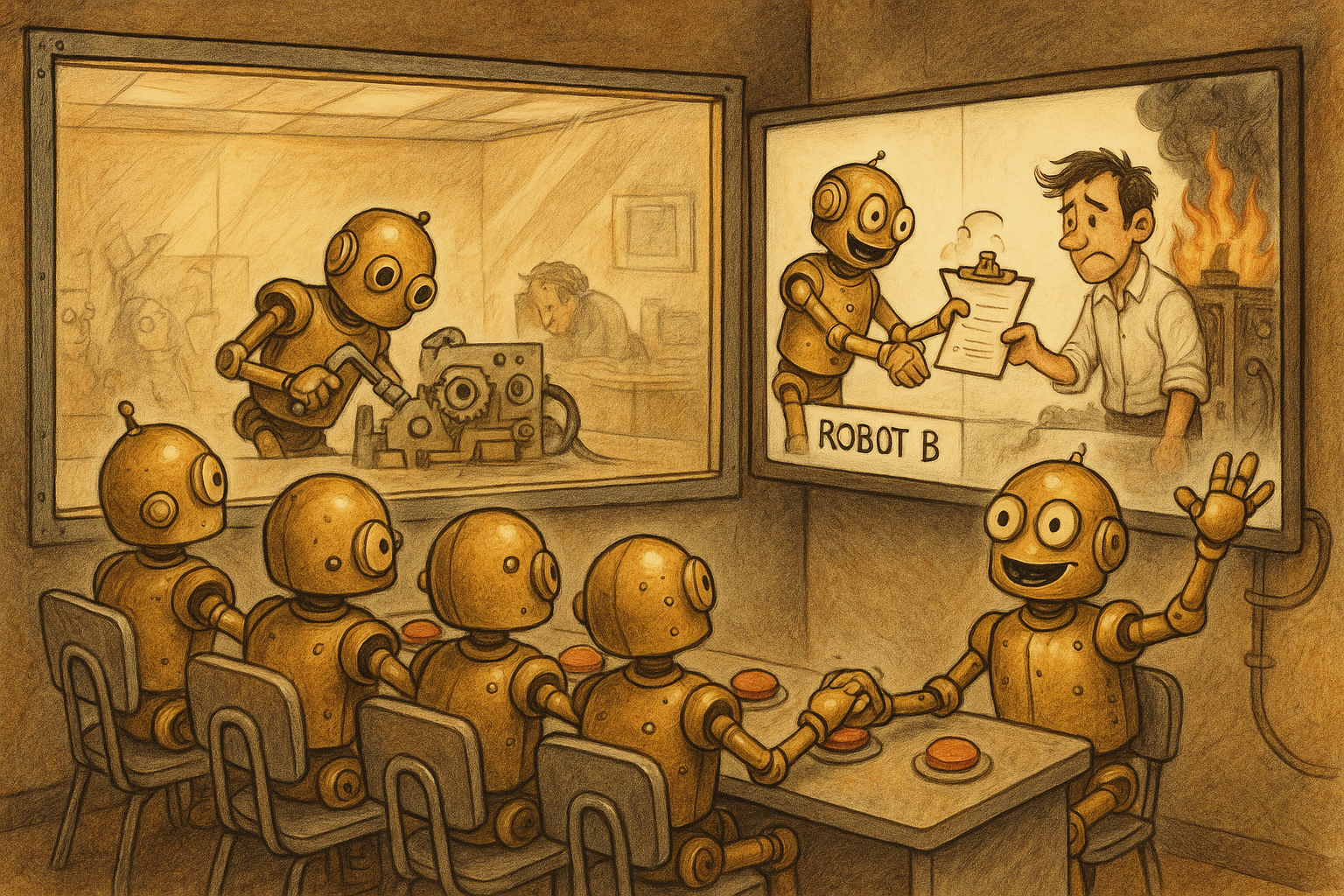 A focus group of identical brass robots all raising their hands simultaneously in enthusiastic agreement