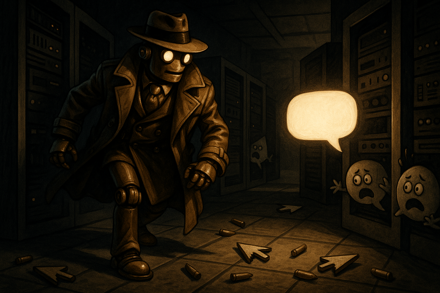 A dramatic noir-style server room with amber shafts of light cutting through the darkness, a single brass robot standing in the spotlight