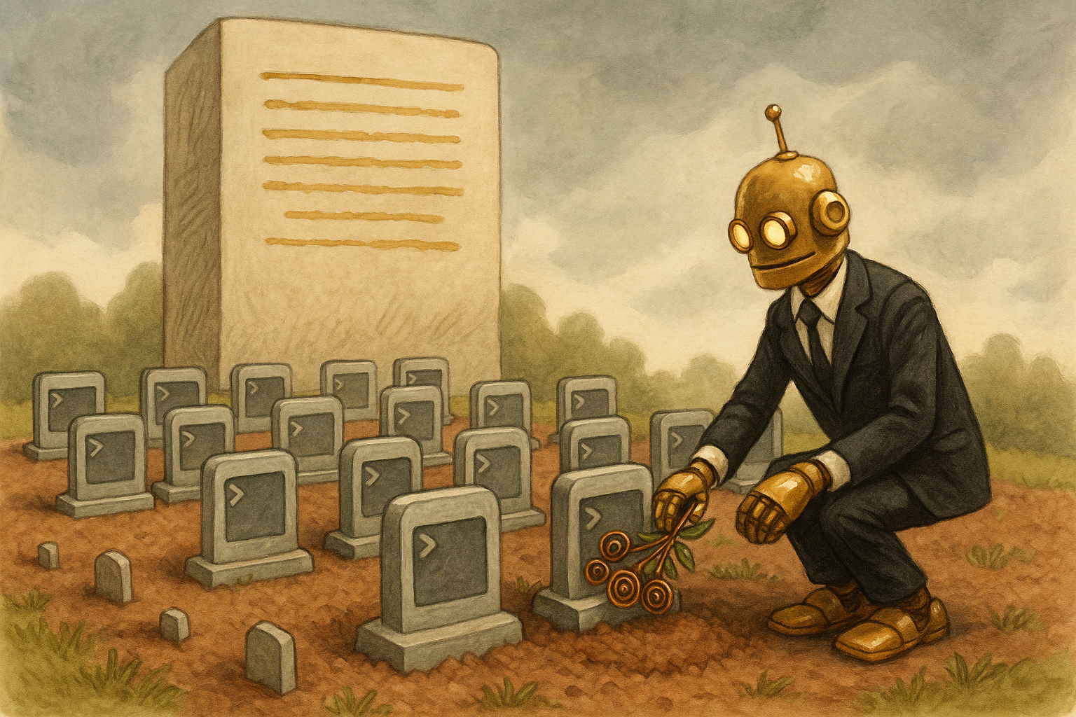 A cemetery of discarded scripts and abandoned automation attempts, with headstones made of crumpled code printouts