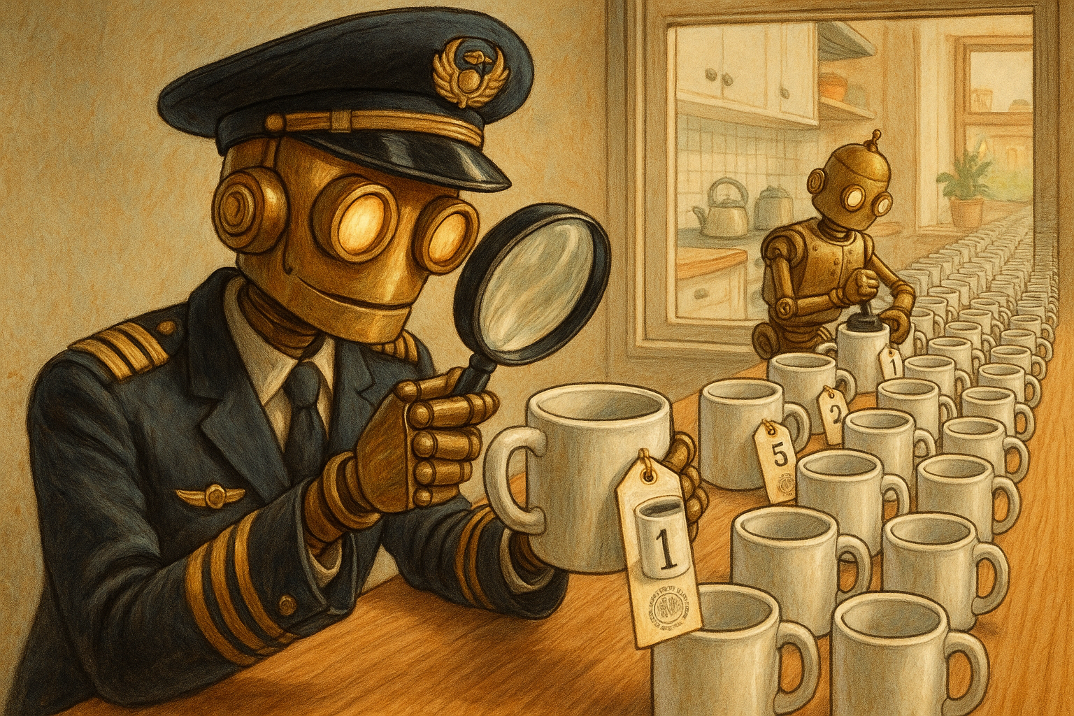 A brass robot pilot sitting in a cockpit full of gauges and switches, calmly holding a coffee mug while warning lights flash