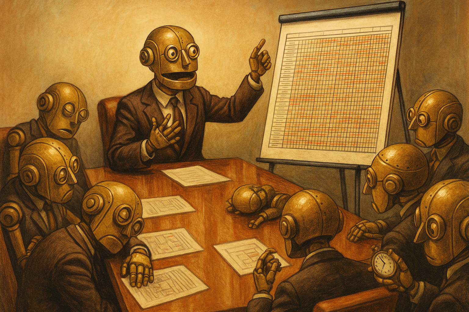 A small brass robot at a podium presenting a colorful scorecard chart to rows of empty seats in a grand auditorium