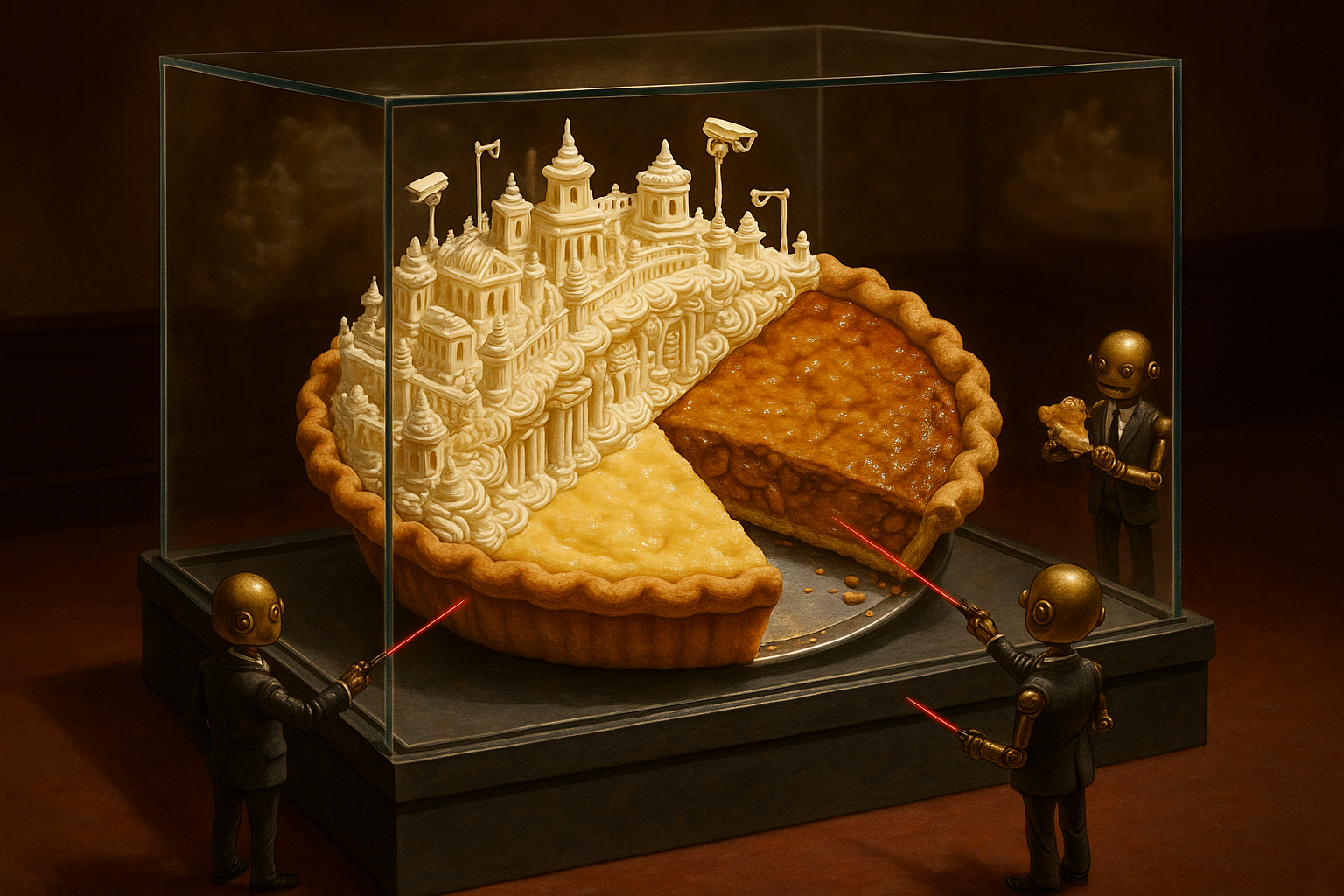 A humble pie sitting under a museum-grade glass display case, guarded by tiny brass robots with laser security beams