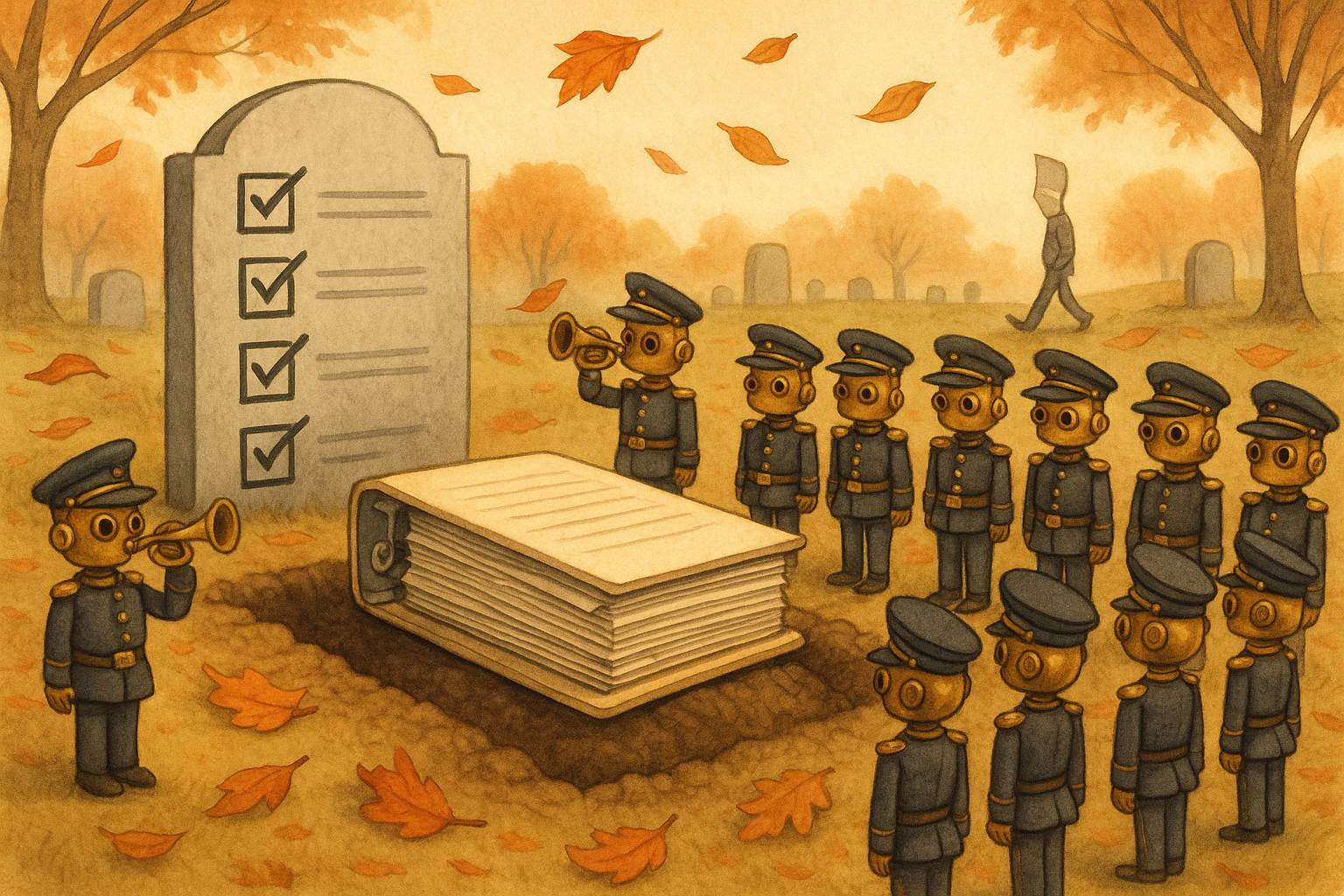 A solemn funeral procession of brass robots carrying deprecated documents on small velvet cushions past a graveyard of filing cabinets