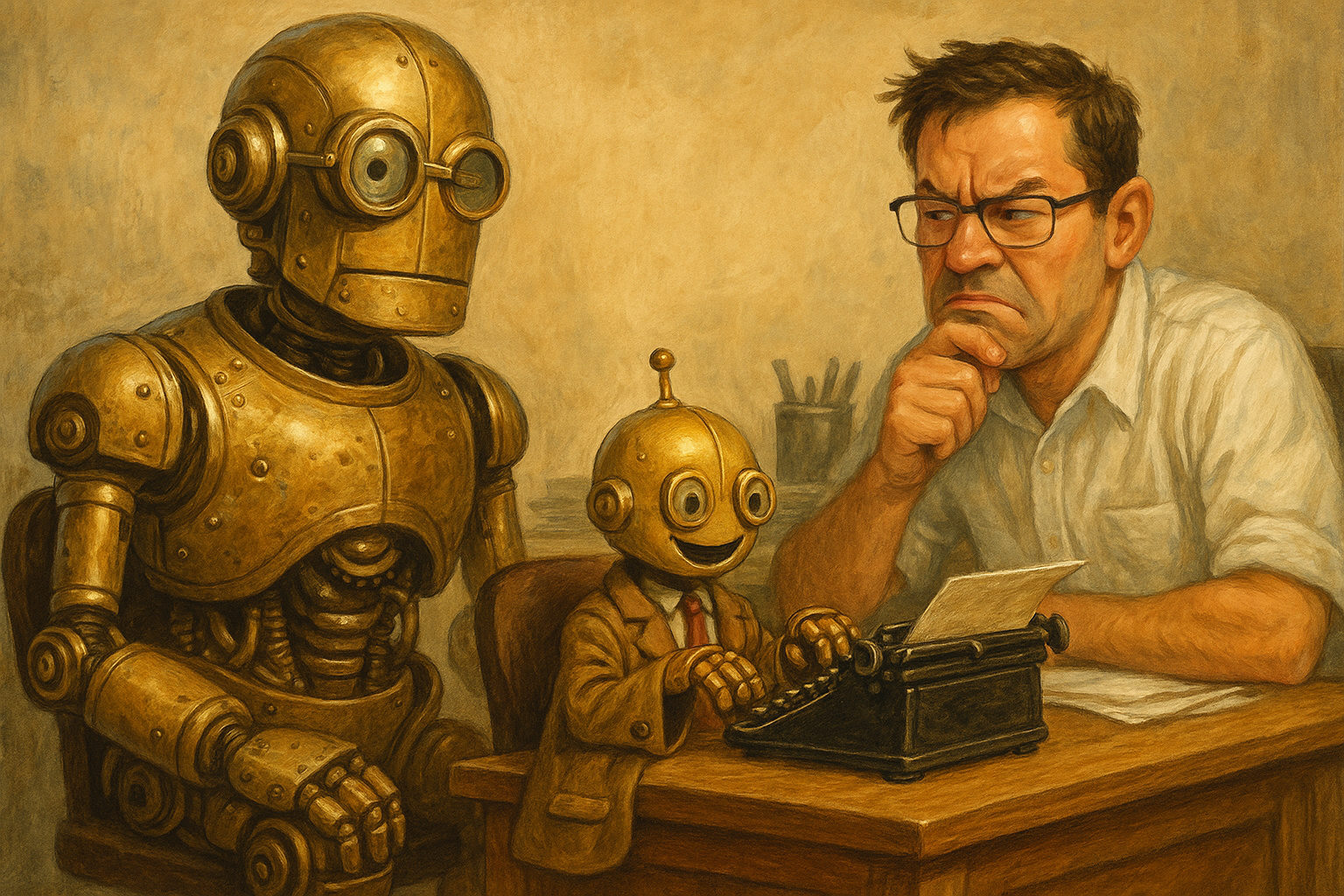 Two brass robots swapping places behind a theatrical curtain, one sneaking away while the other takes its position