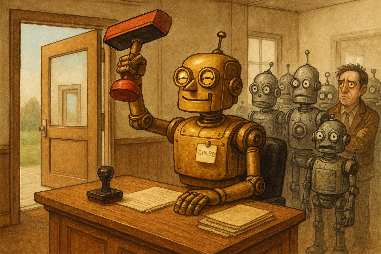 A small brass robot stamping papers in triplicate at an overflowing Victorian bureaucratic desk