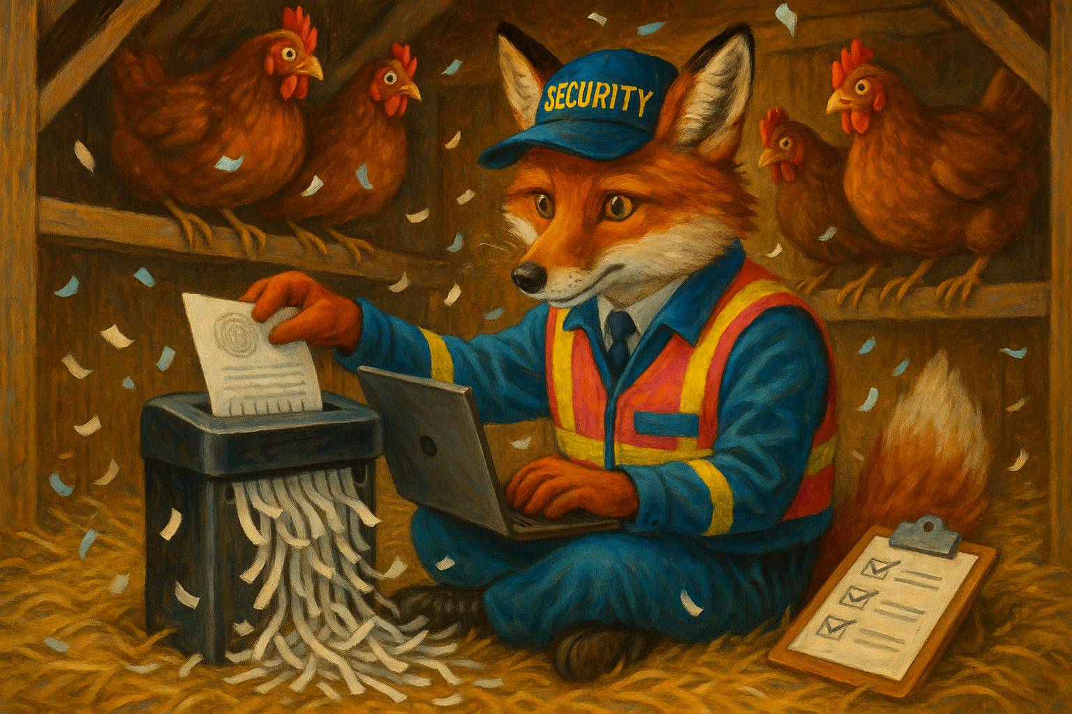 A steampunk fox in a top hat guarding a henhouse built from server racks and blinking network switches
