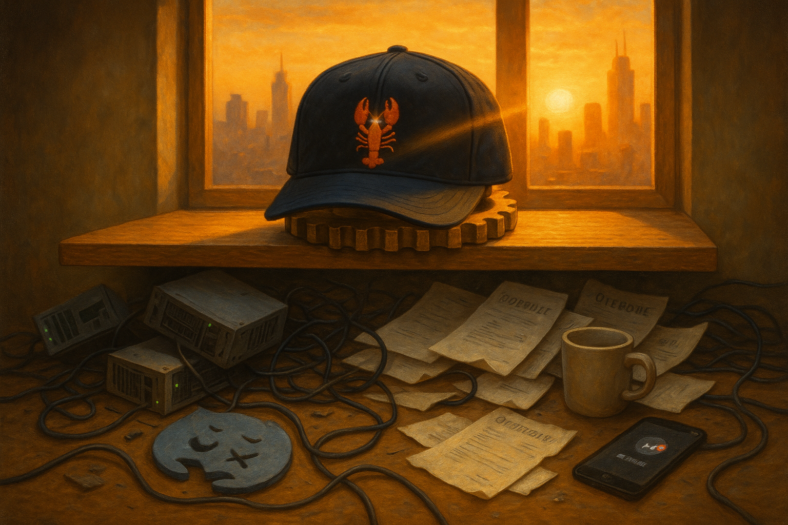 A warm sunrise over a cluttered desk with a black lobster hat sitting on a brass keyboard, golden light streaming through a window
