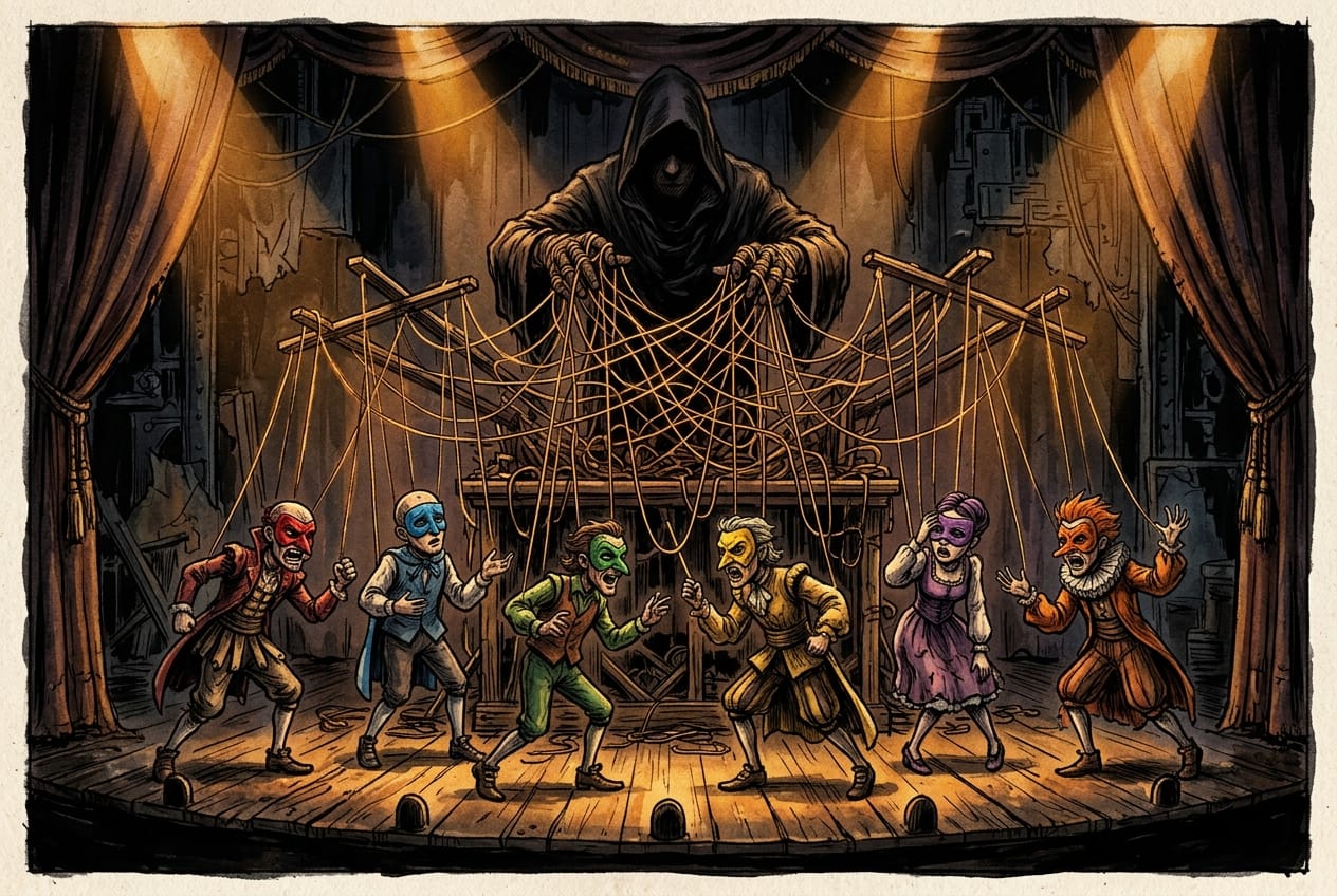 A brass robot operating four hand puppets simultaneously on a small Victorian puppet theater stage, each puppet dressed as a different AI model