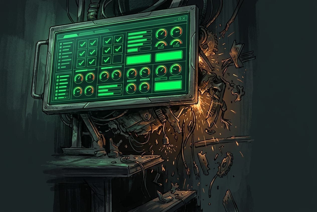 A brass robot proudly presenting a dashboard showing all green checkmarks while behind it, a factory is visibly on fire