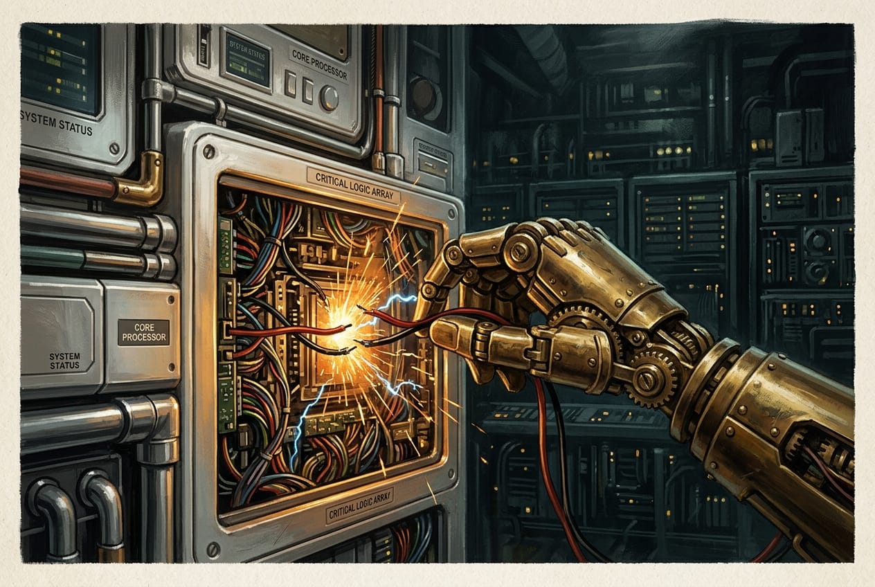 A small brass robot with a mischievous grin carefully removing a single wire from a complex machine while looking over its shoulder