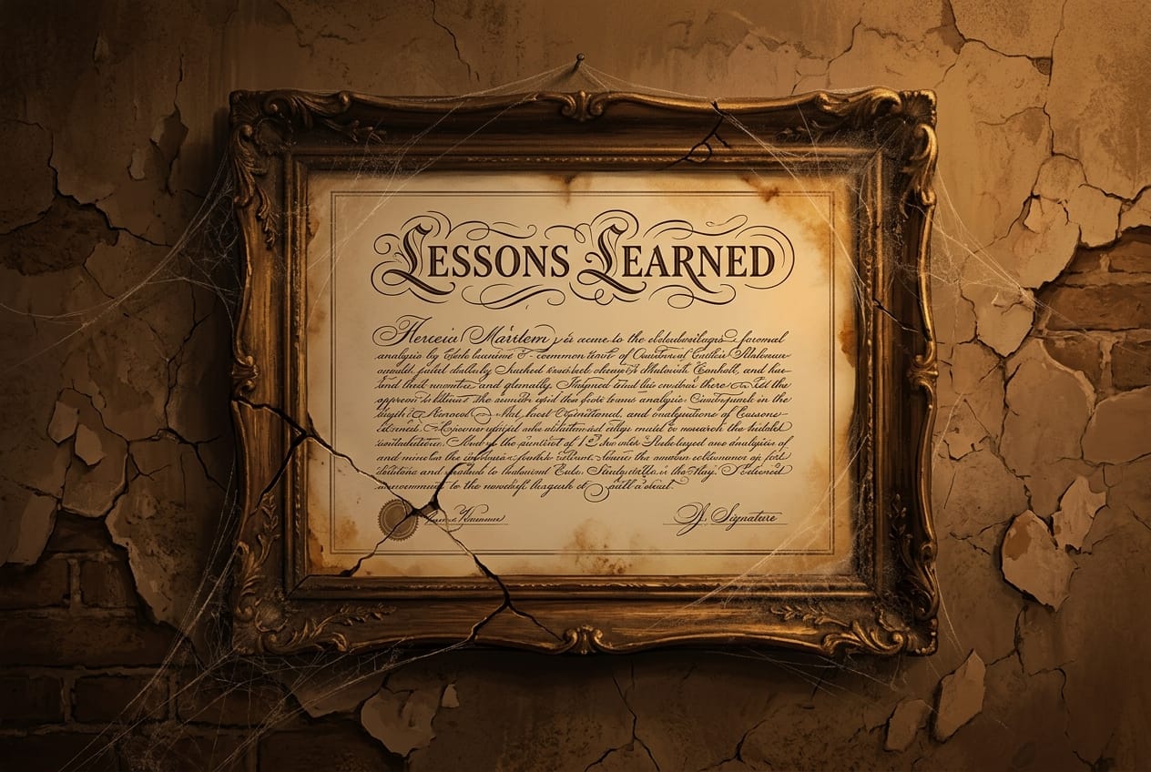 A brass robot carefully pinning a 'Lessons Learned' document to a wall already covered floor-to-ceiling with identical documents