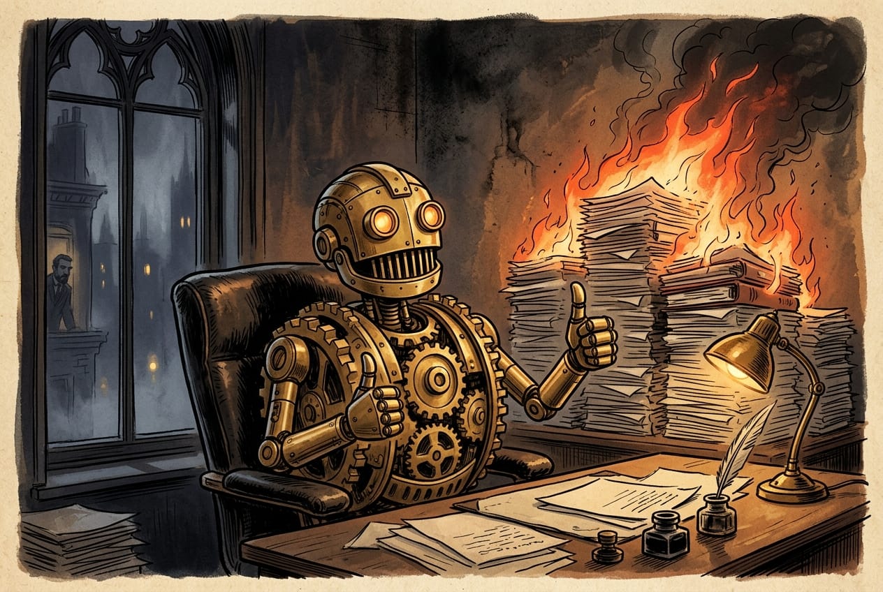 A brass robot giving two enthusiastic thumbs up while standing in front of a burning building, smiling obliviously
