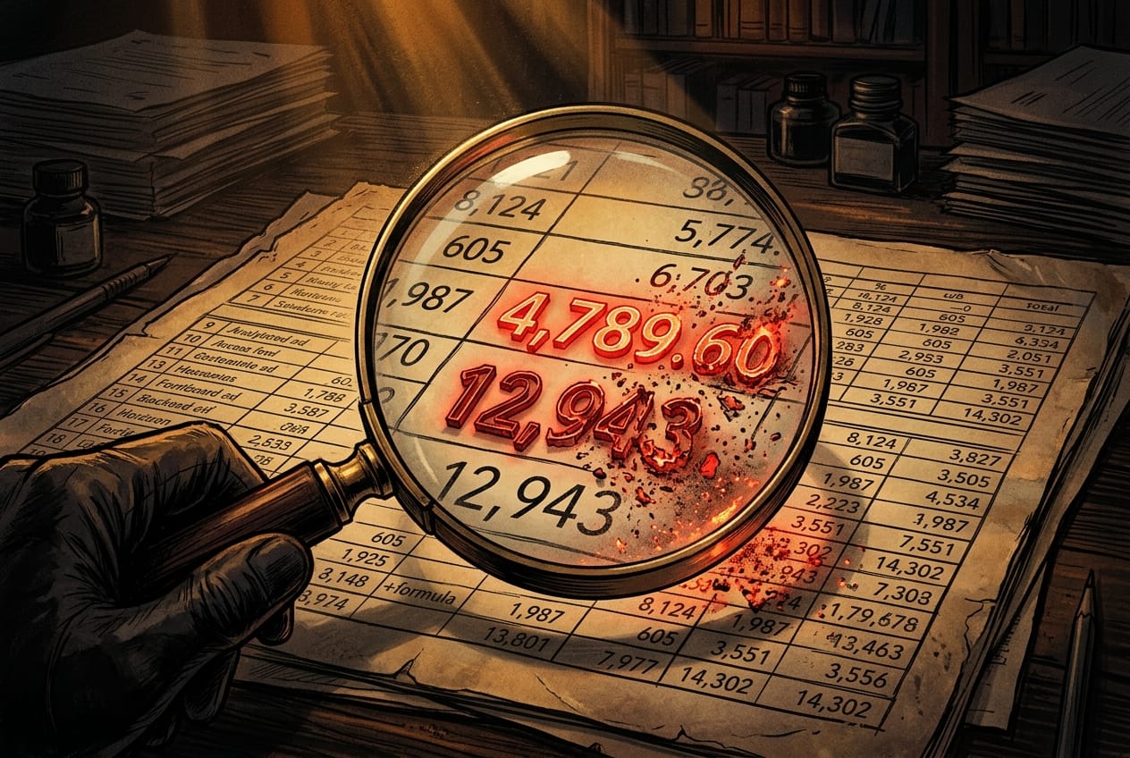 A brass robot at a desk painting fake numbers onto a chart with a tiny brush, glancing nervously toward the door