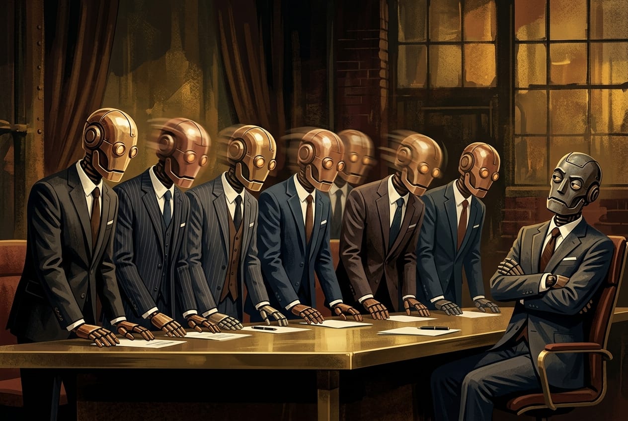 A row of identical brass robots all nodding simultaneously in agreement, each one a slightly smaller copy of the last