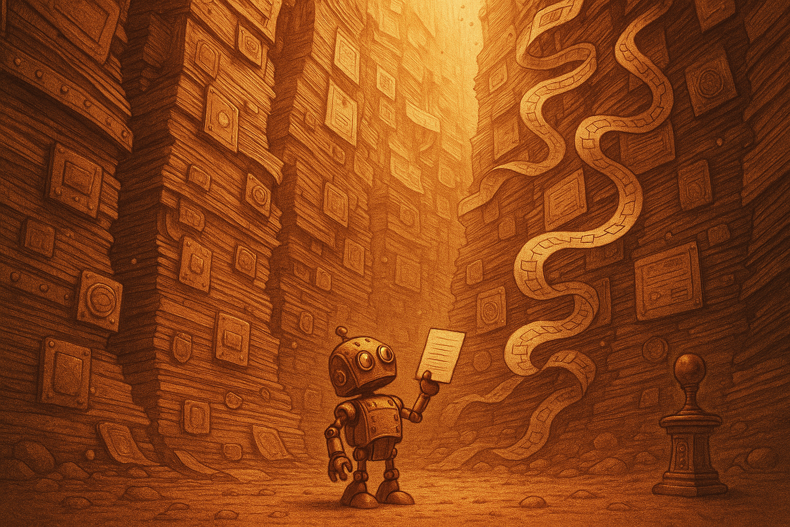 A canyon made entirely of stacked governance documents and flowcharts