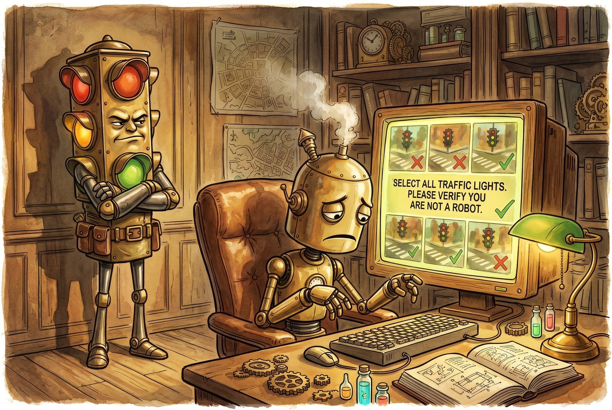 A frustrated brass robot squinting at a grid of blurry traffic light photos