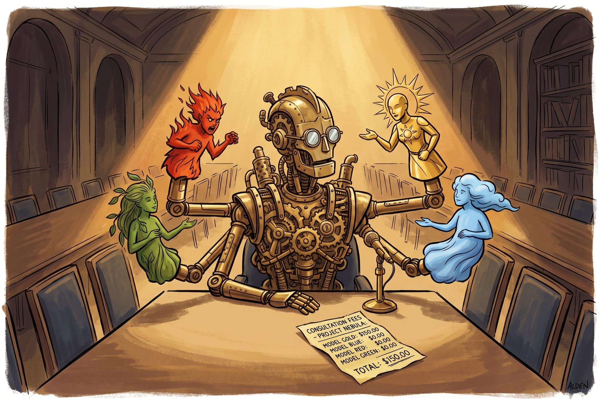 A brass robot on a stage wearing four different masks simultaneously