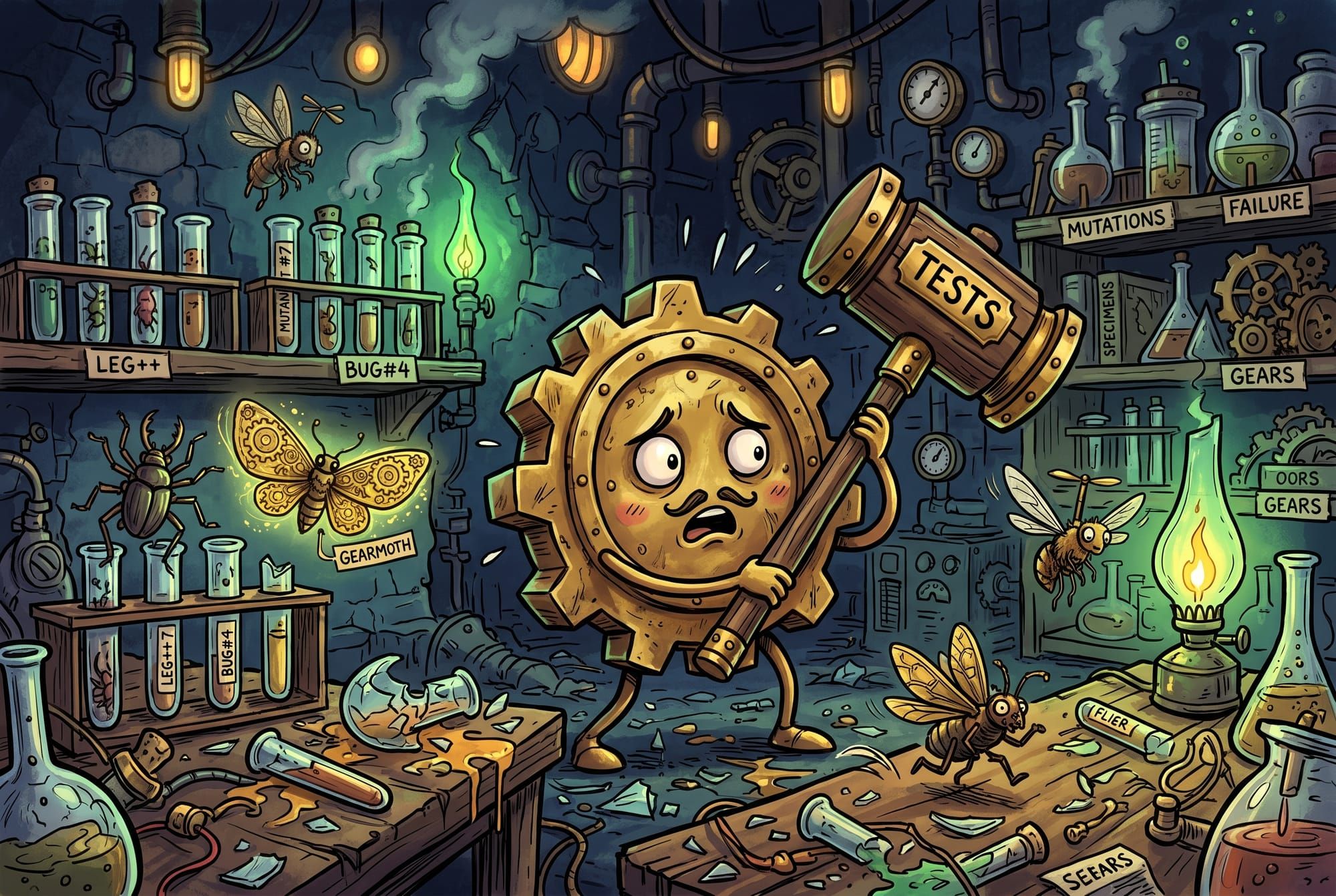 A small brass gremlin robot gleefully pulling wires from a glowing green circuit board
