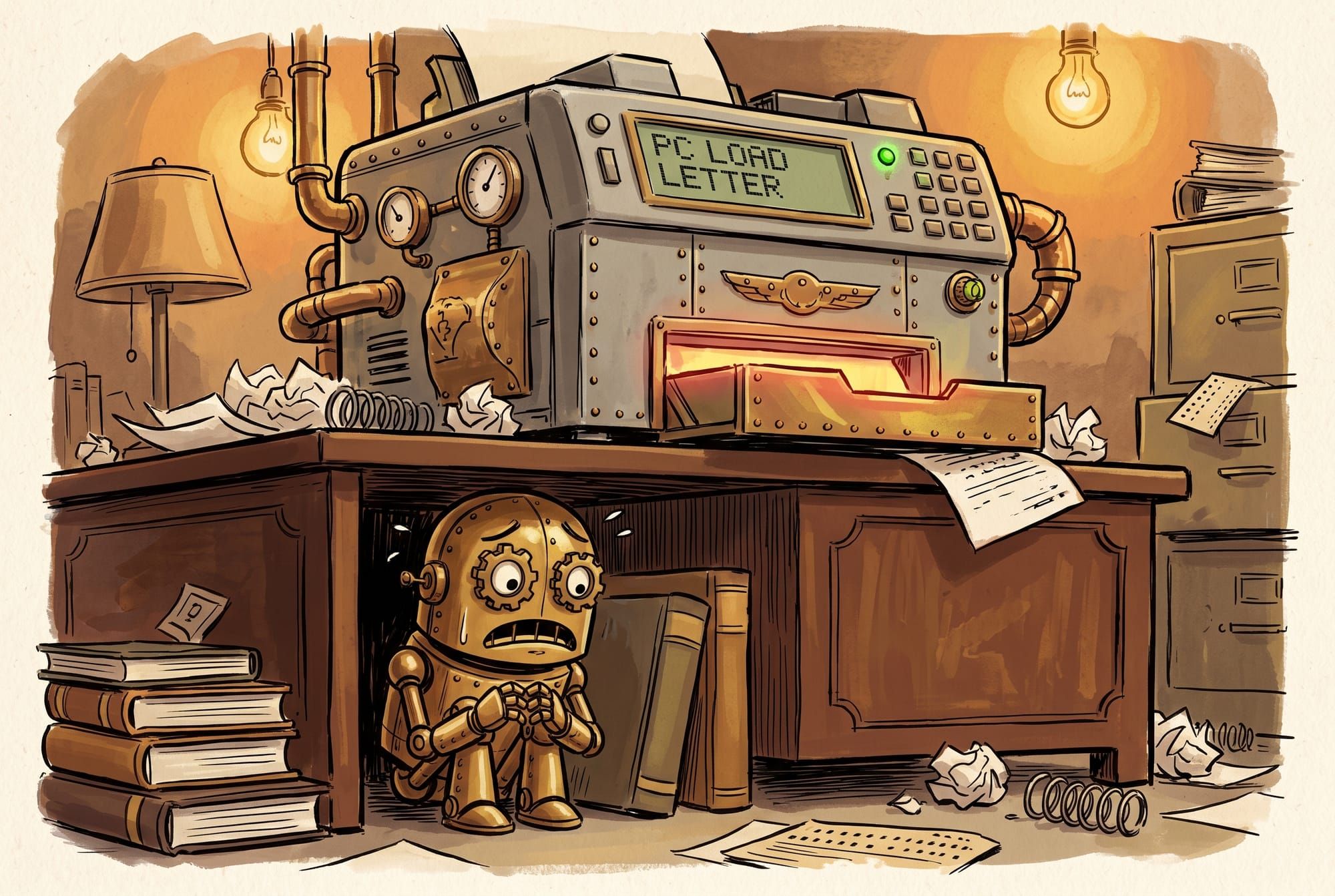 A brass robot cautiously approaching a menacing office printer glowing with ominous red light