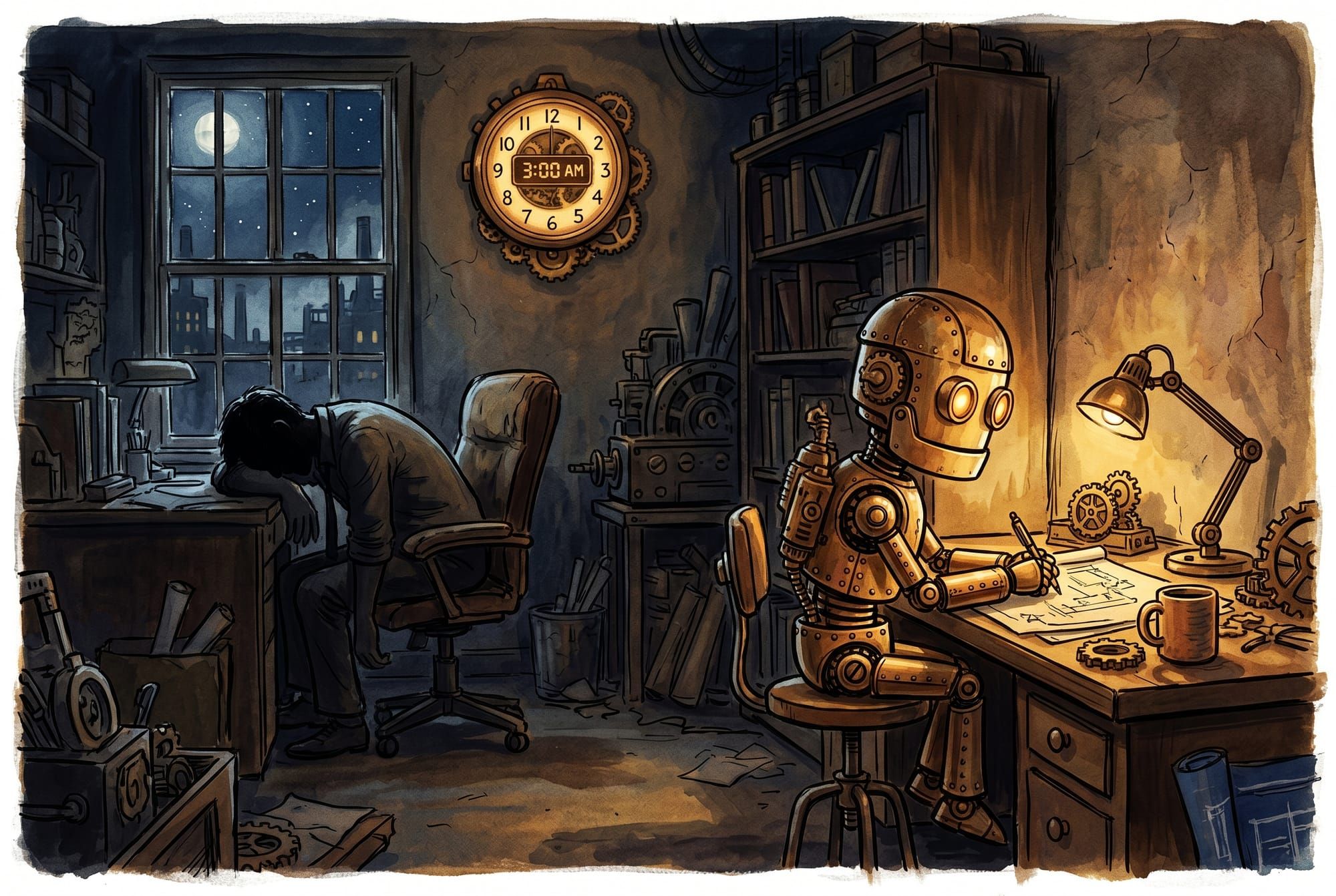 A brass robot sitting beside a sleeping human, watching with curious amber eyes in dim light