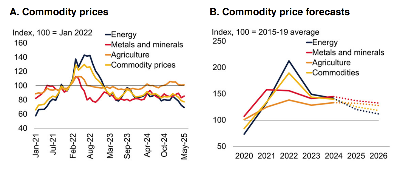 A chart from the World Bank's Global Economic Prospects showing declining commodity prices and forecasts out to 2026
