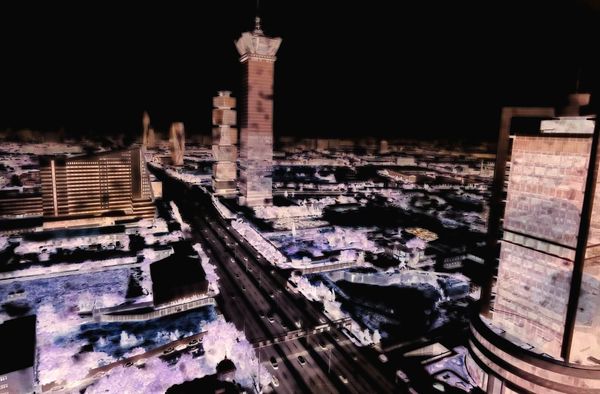 Polarised and filtered photograph of the view from a skyscraper overlooking the Heydar-Aliyev Avenue in Baku, Azerbaijan. Photo by Seb Kennedy for Energy Flux (c) 2025