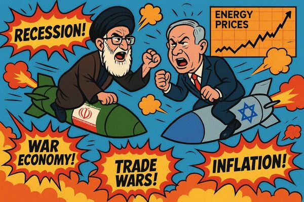 A cartoon showing Iran's supreme leader Ali Khamenei and Israeli president Benjamin Netenyahu riding missiles amid explosions. In the background, energy price charts show prices surging