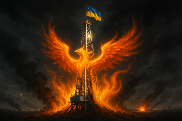 An AI-generated image of a shining Ukrainian shale gas fracking rig flying the blue and yellow flag of Ukraine, rising like a phoenix from the flames of aerial bombardment by Russia