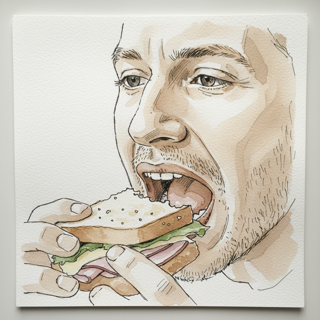 Mouth Eating Sandwich, White Man 30s Loose & airy