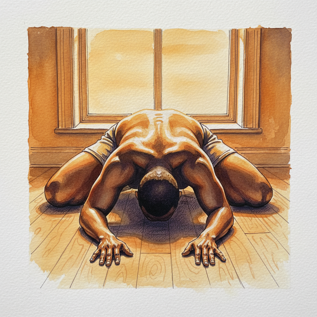 Wide-knees, full collapse, sunset window light Tighter & richer