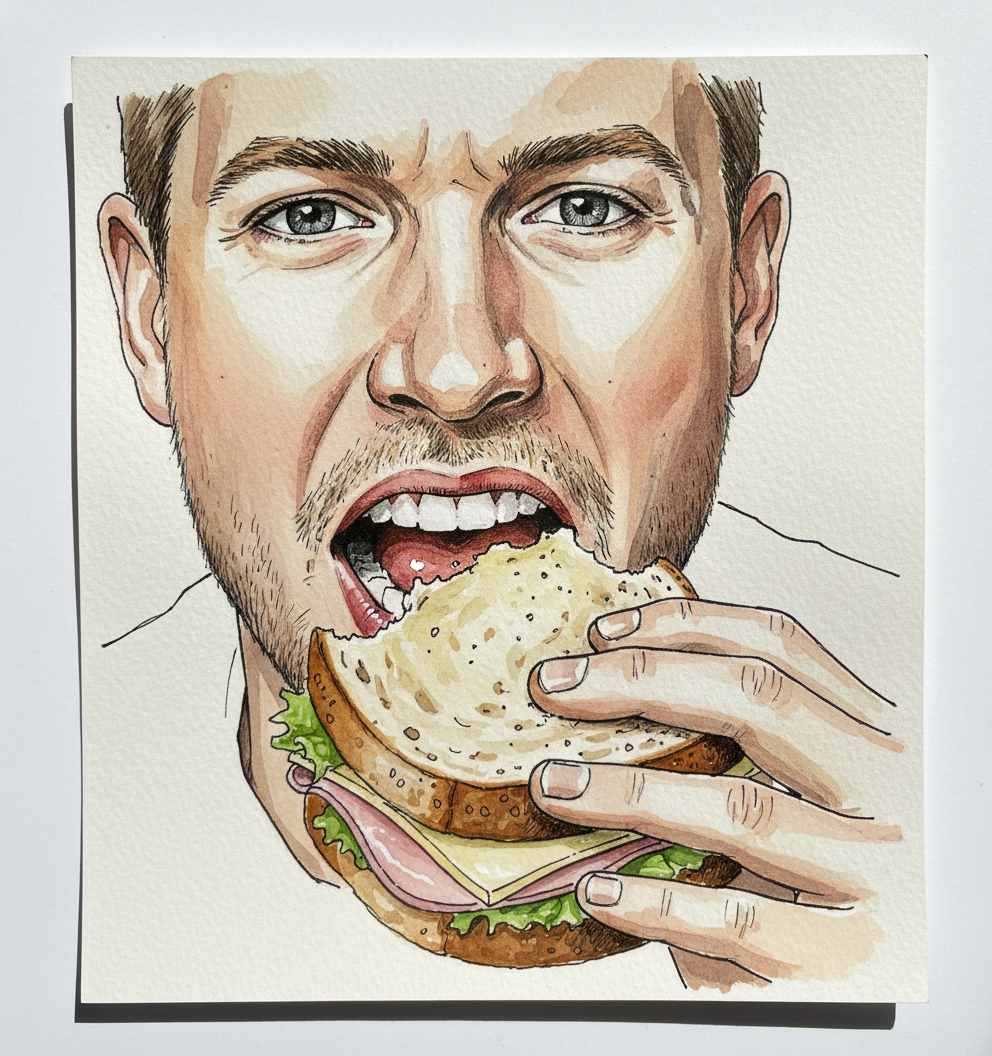 Mouth Eating Sandwich, White Man 30s Tighter & richer