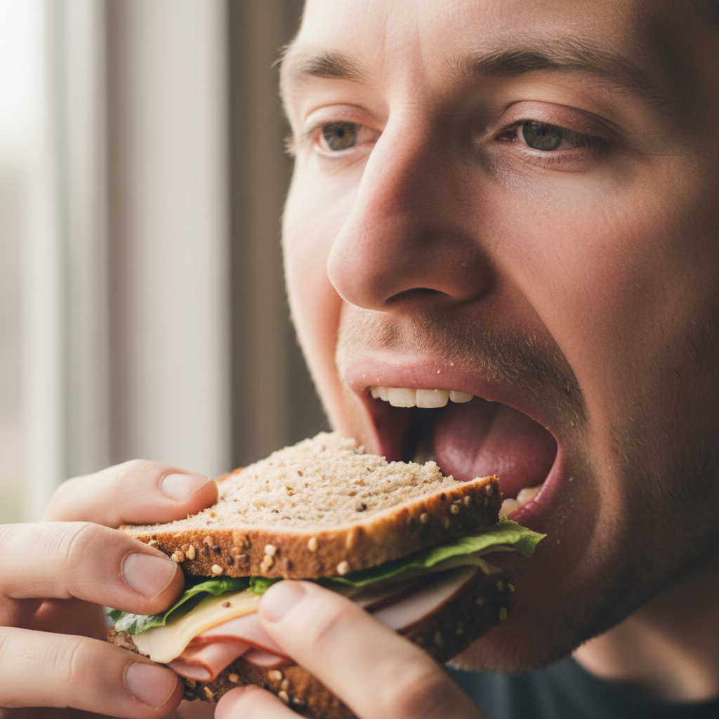 Mouth Eating Sandwich, White Man 30s photo reference