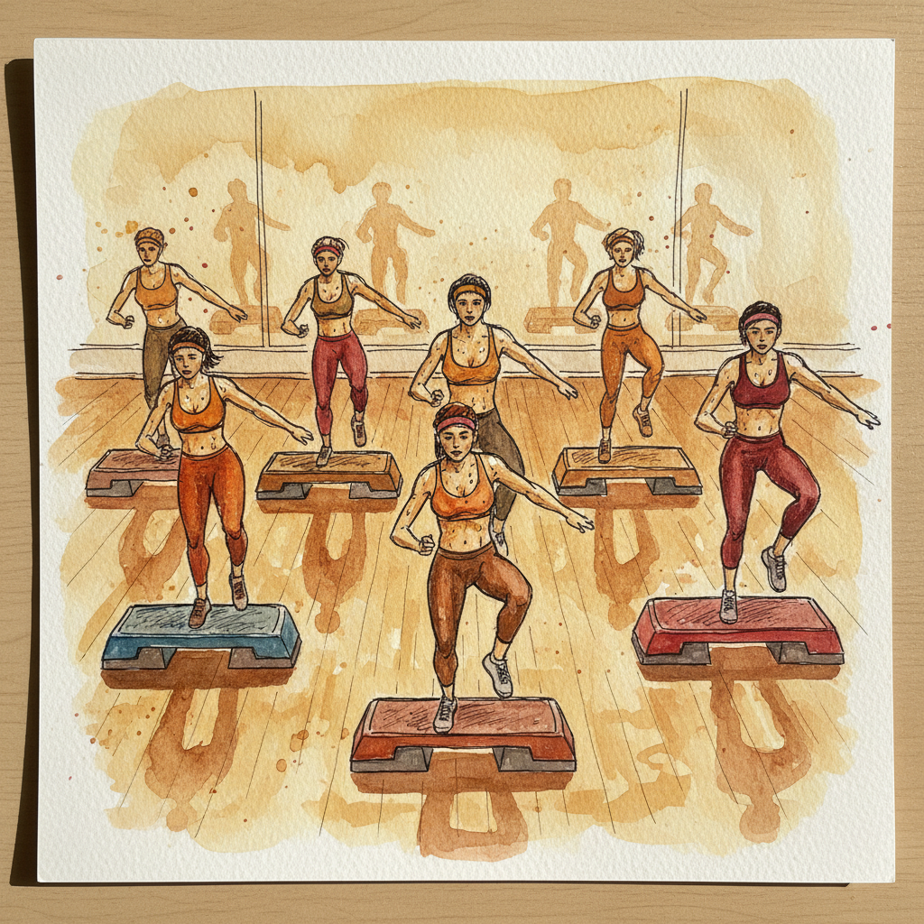 Aerobics class with step Alternative interpretation