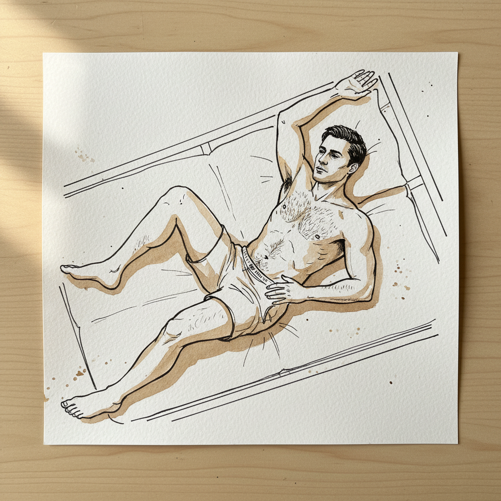 Daybed, windshield-wiper left, arm overhead Alternative interpretation