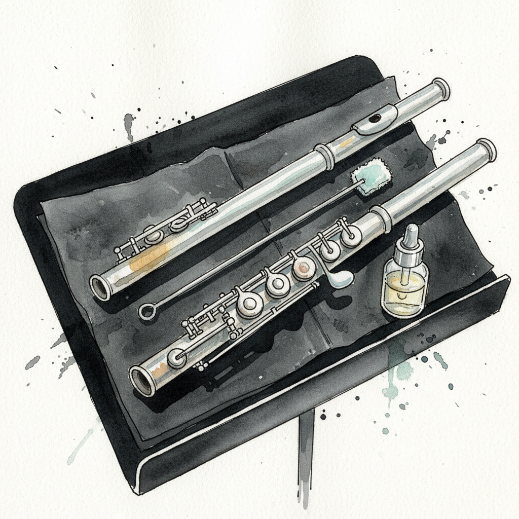 Silver flute disassembled on cloth Loose & airy
