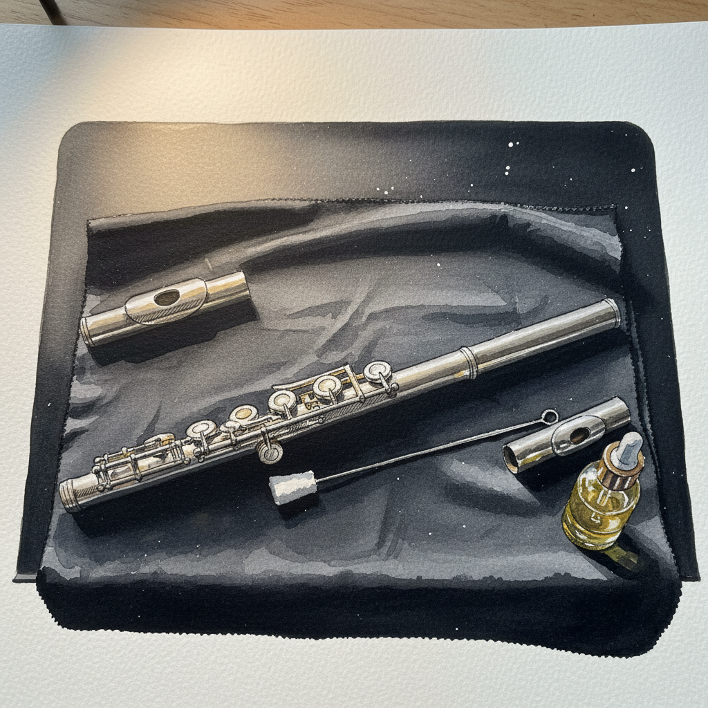 Silver flute disassembled on cloth Tighter & richer