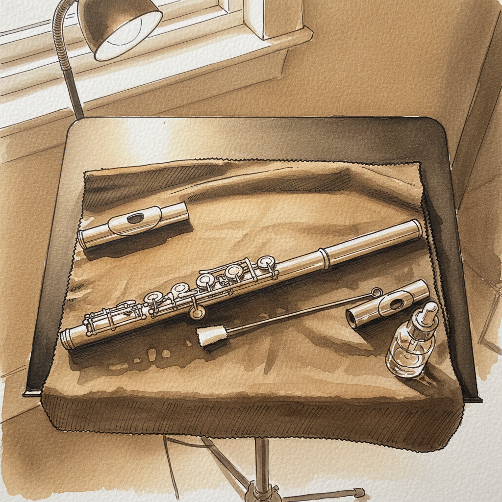Silver flute disassembled on cloth Alternative interpretation
