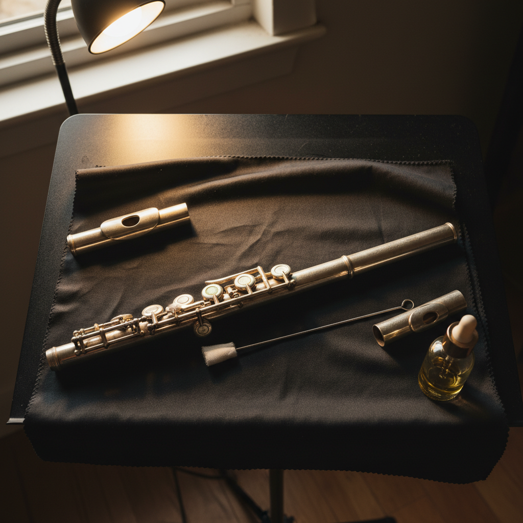Silver flute disassembled on cloth photo reference