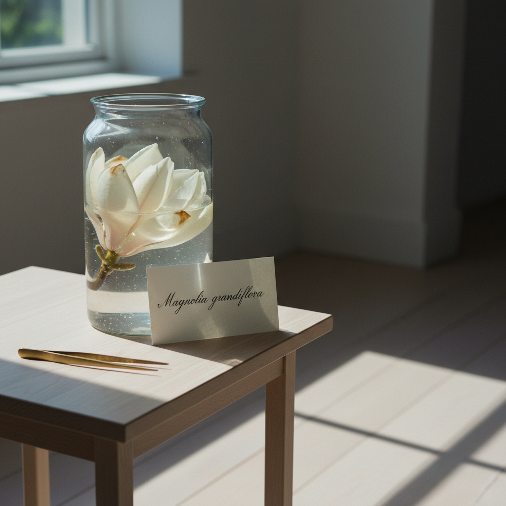 Single magnolia bloom, north window photo reference