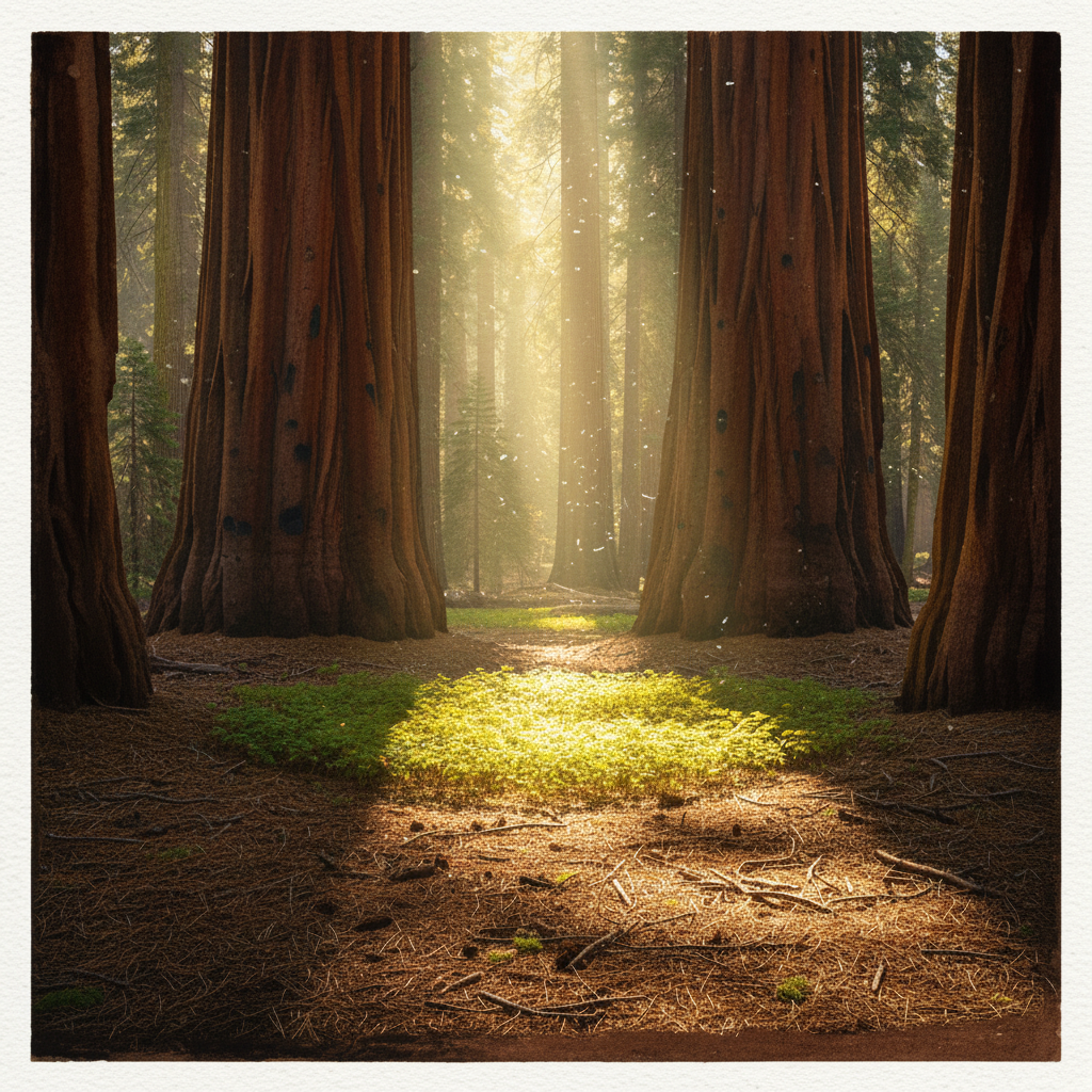 Dappled forest floor with sunshaft, Mariposa Grove, Yosemite Tighter & richer