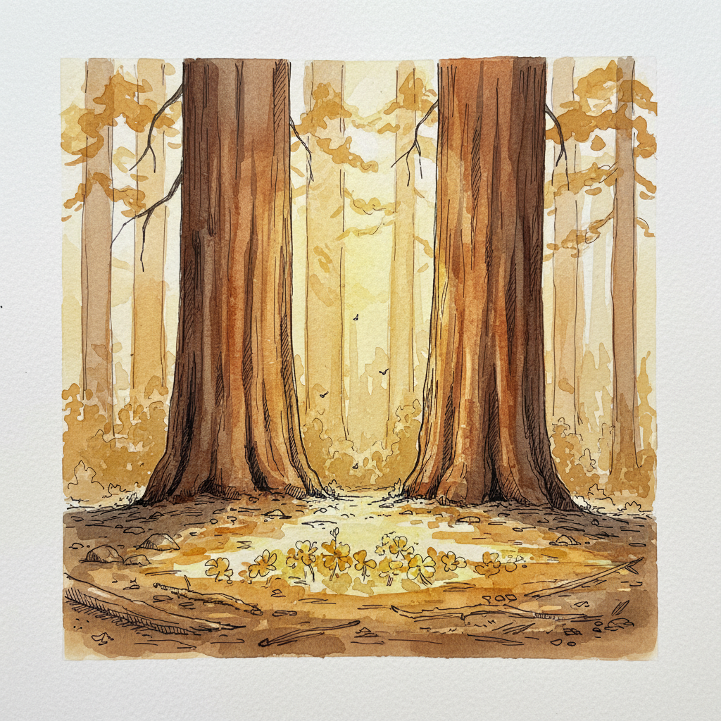 Dappled forest floor with sunshaft, Mariposa Grove, Yosemite Alternative interpretation