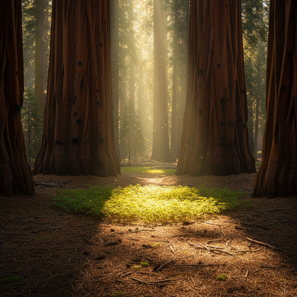 Dappled forest floor with sunshaft, Mariposa Grove, Yosemite photo reference