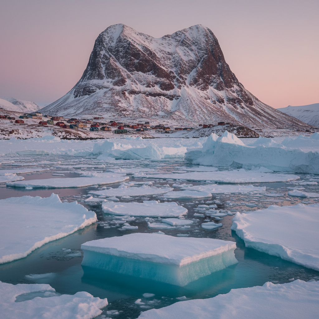 Uummannaq fjord ice with heart-shaped mountain, Greenland photo reference
