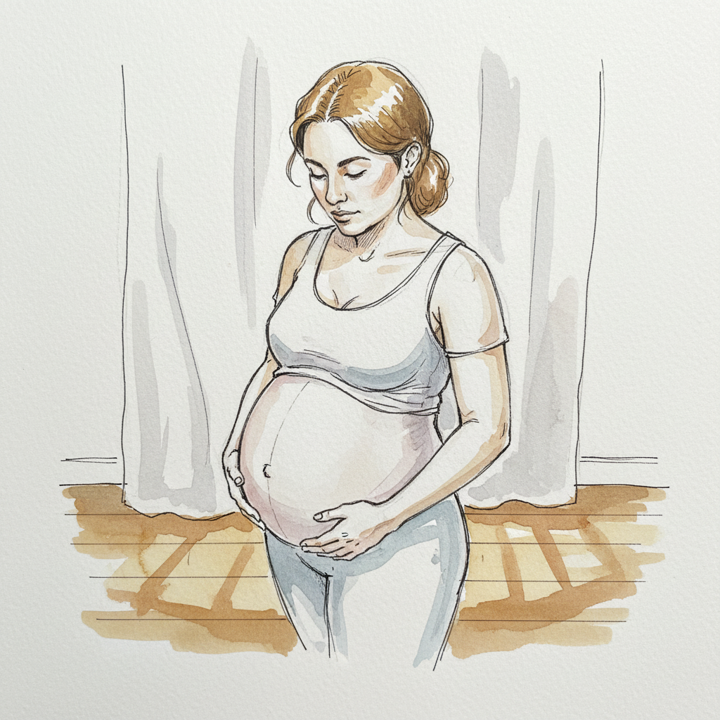 Pregnant non-binary model, weight right, hands resting Loose & airy